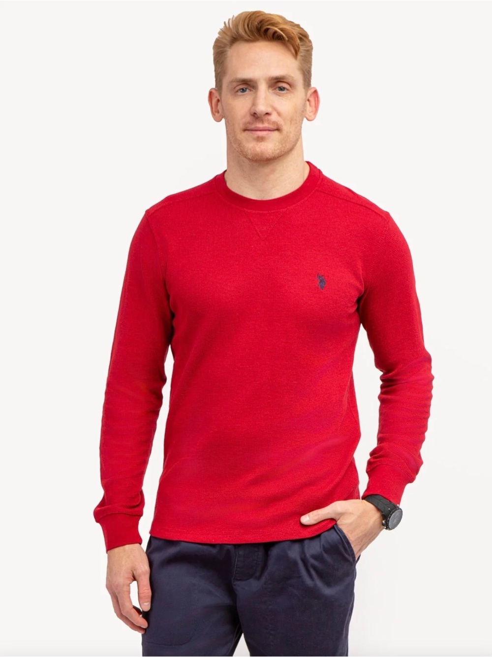 U.S. Polo Assn. Men's Red Crew Neck Solid Thermal 100% Cotton Large Casual